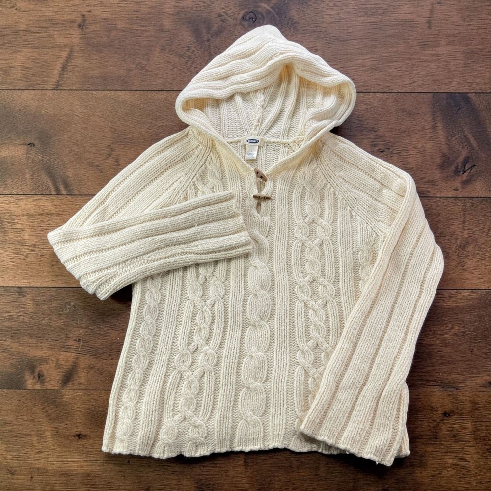 Old Navy Womens L Cream Chunky Cable Knit Toggle Hoodie Sweater Lambswool Blend